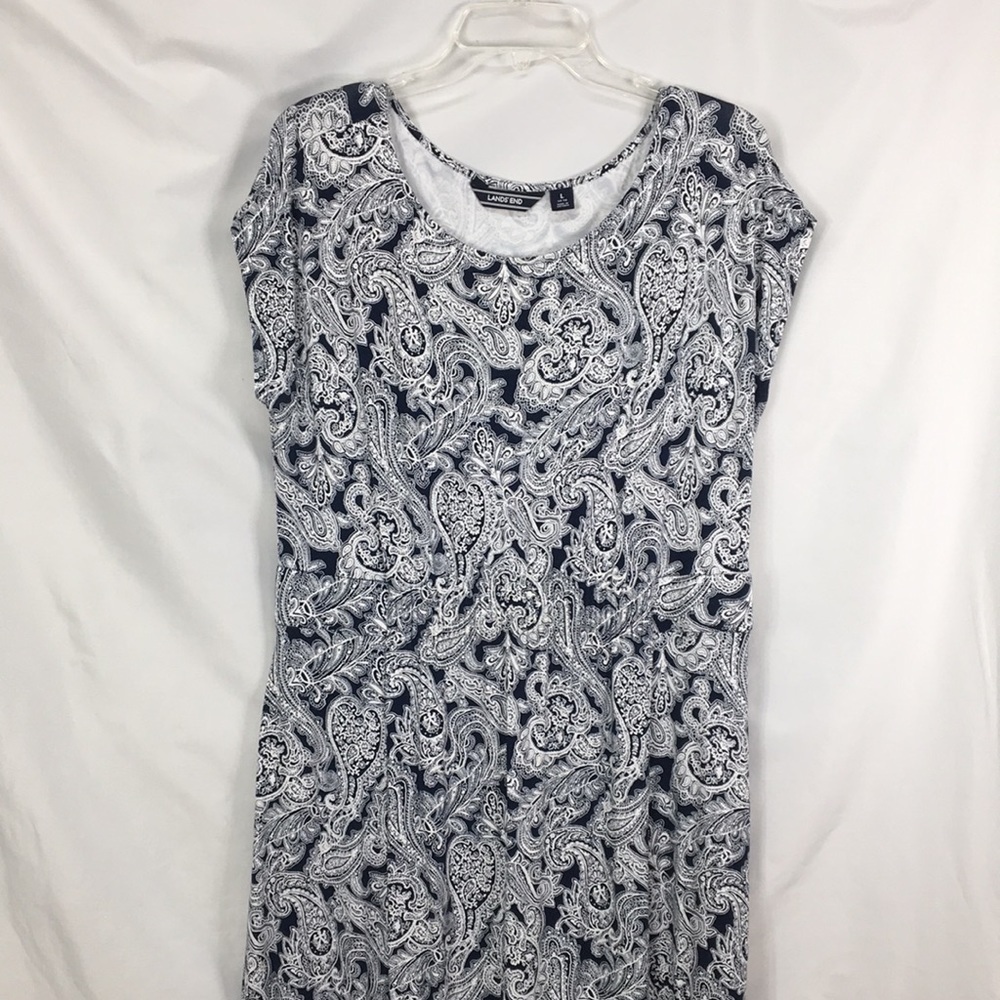 Lands End Women’s Paisley Cap Sleeve Maxi Dress Navy Size L Like-NEW Condition